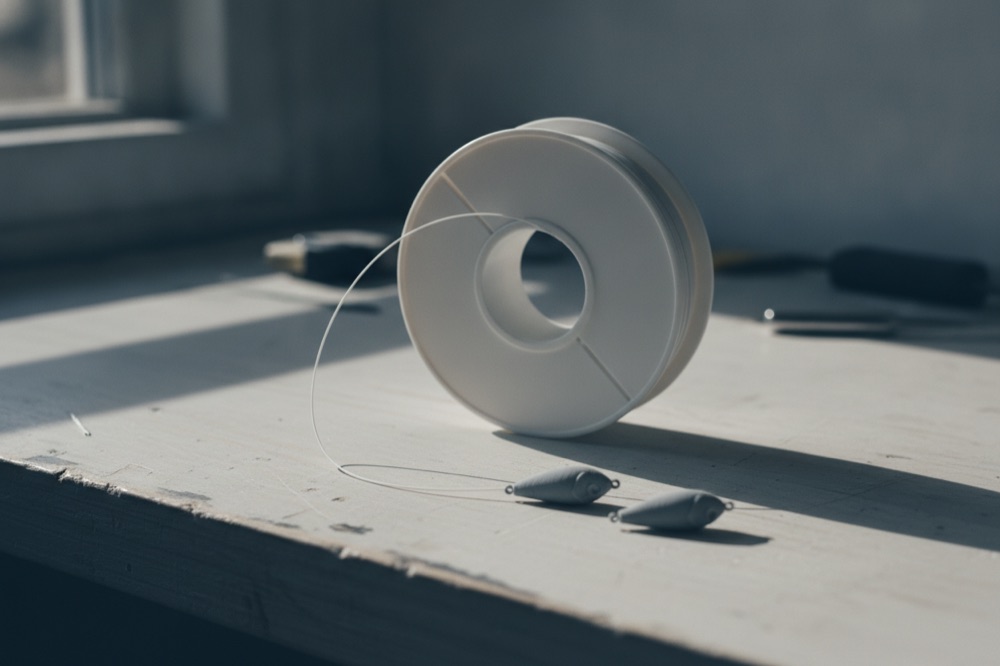 A spool of white PETG filament on a workbench beside two small grey 3D-printed lure bodies