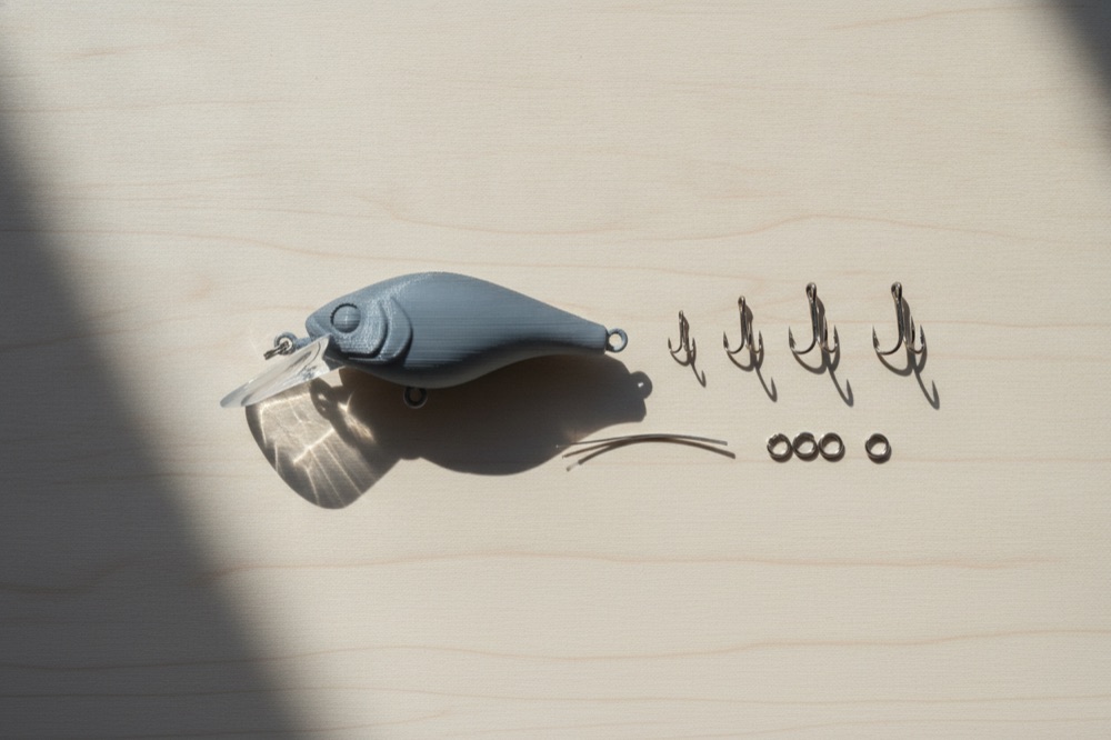 Grey 3D-printed crankbait body beside treble hooks in several sizes, stainless split rings and a coil of 1 mm stainless wire on a light wooden workbench