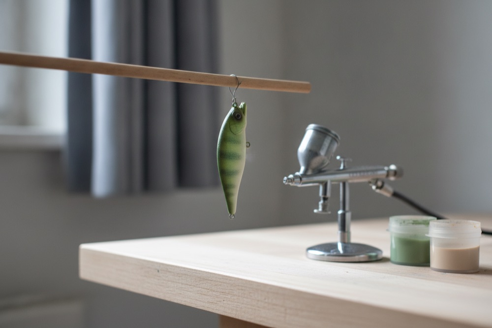 A freshly airbrushed 3D-printed lure in a perch pattern drying on a stick over a workbench, airbrush and paint cups beside it
