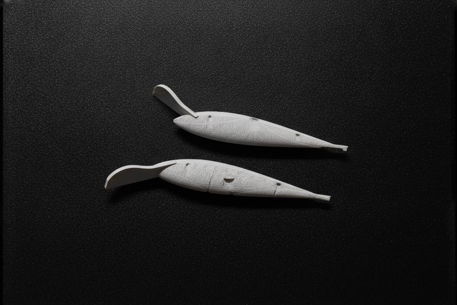 Fishing lure halves on the print bed of a consumer FDM printer
