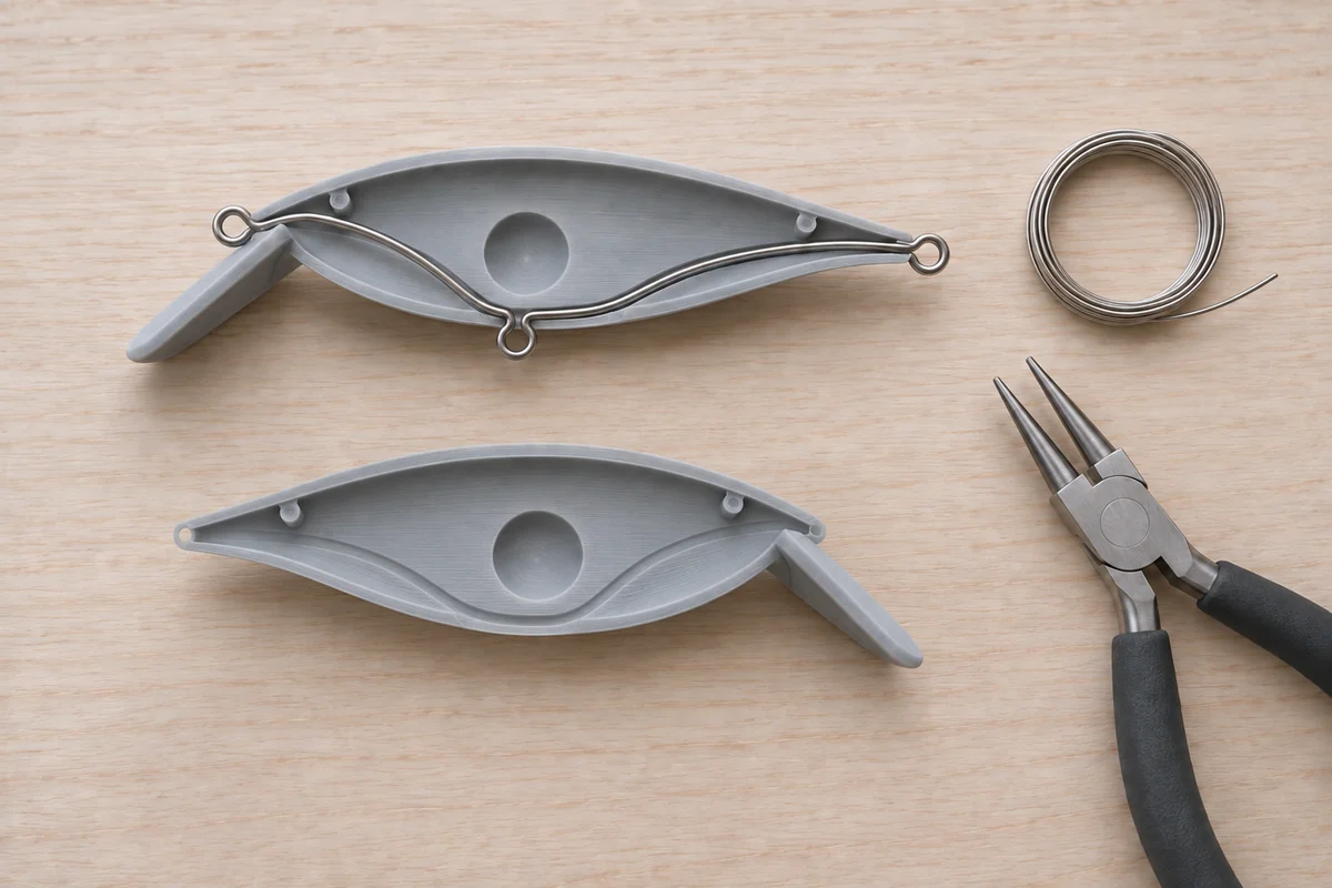 Assembly illustration: separate mirrored body halves, with a continuous wire harness in one half