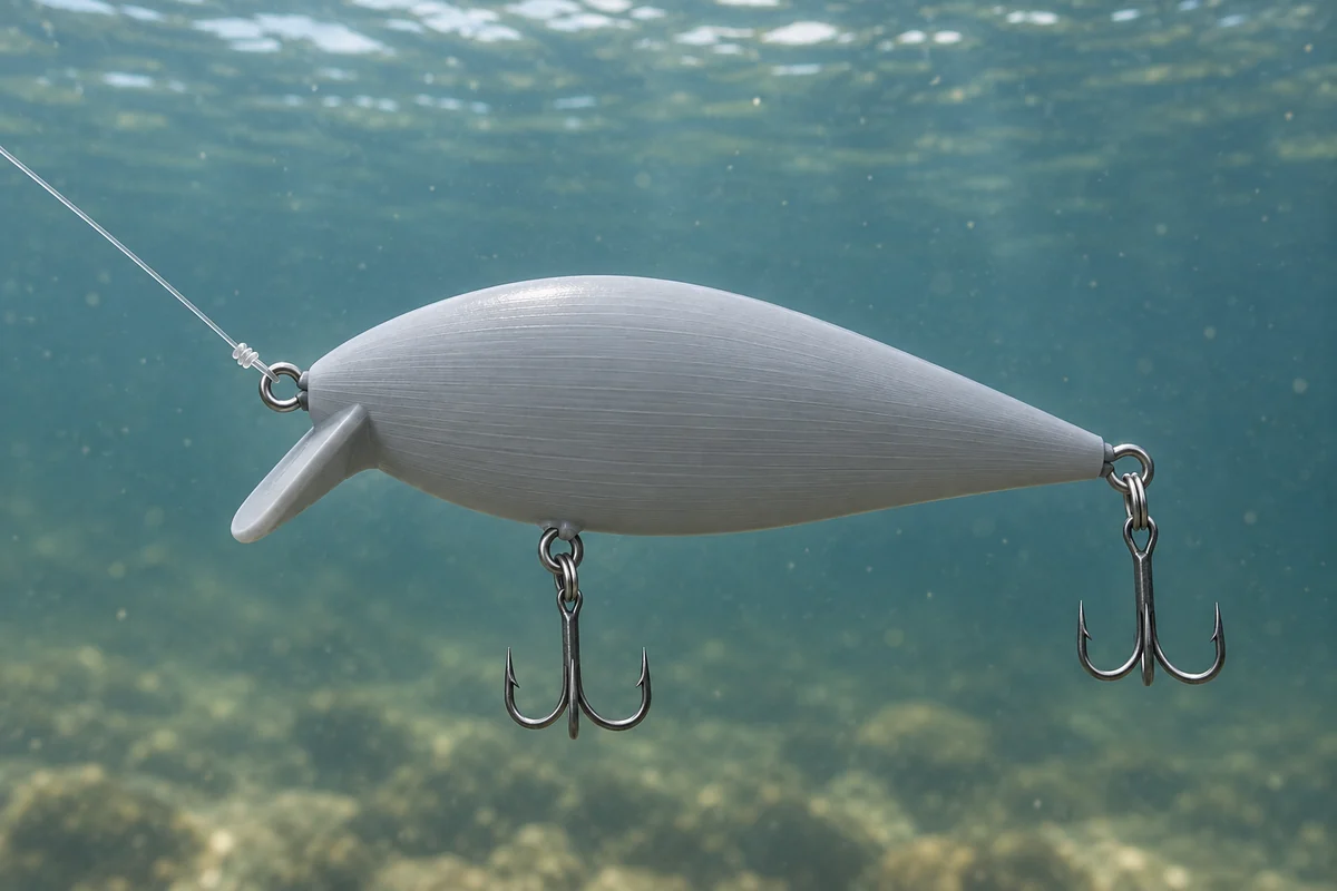Underwater illustration of a sealed crankbait with line, split rings and treble hooks