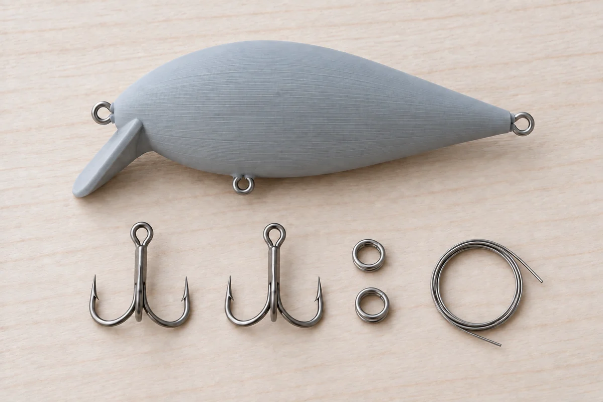 Hardware illustration with an unpainted crankbait, two treble hooks, two split rings and stainless wire