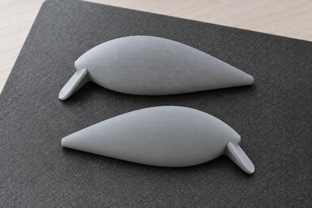 Print illustration: two mirrored body halves resting flat on a textured build plate