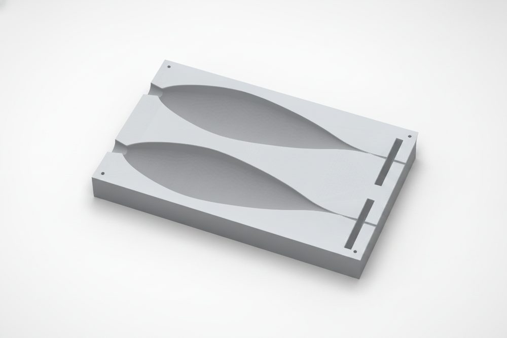 Two-part 3D printed soft bait mold, 13 cm shad with twin cavity